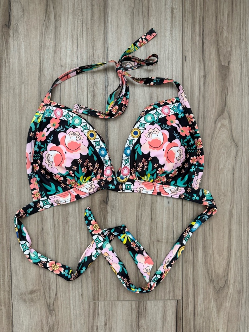 SHEIN Black Floral Halter Bikini Top with Pink & Teal Accents